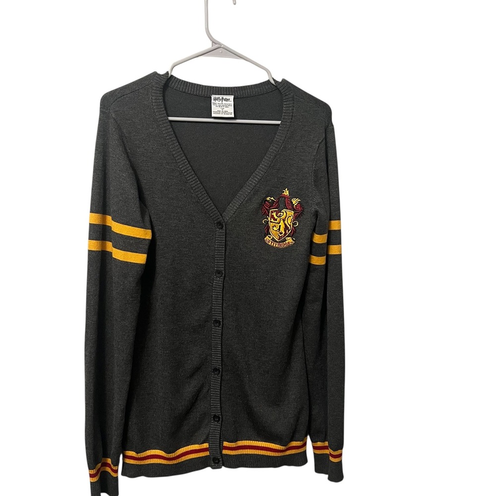 Harry Potter Gryffindor Crest Cardigan Sweater Womens Medium Gray Yellow Stripes